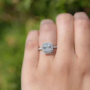 Asscher Cut Lab Diamond Accent Halo Wedding Ring
