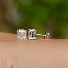 Asscher Cut Moissanite White Gold Stud Earrings