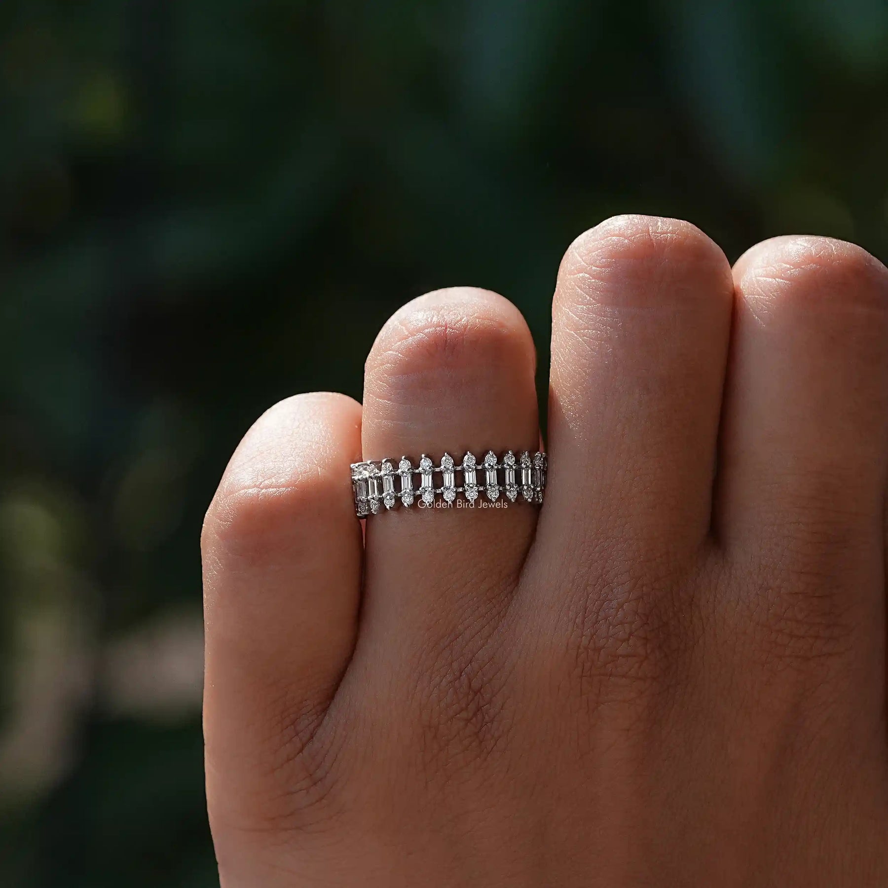 [Colorless Round And Baguette Cut White Gold Band]-[Golden Bird Jewels]