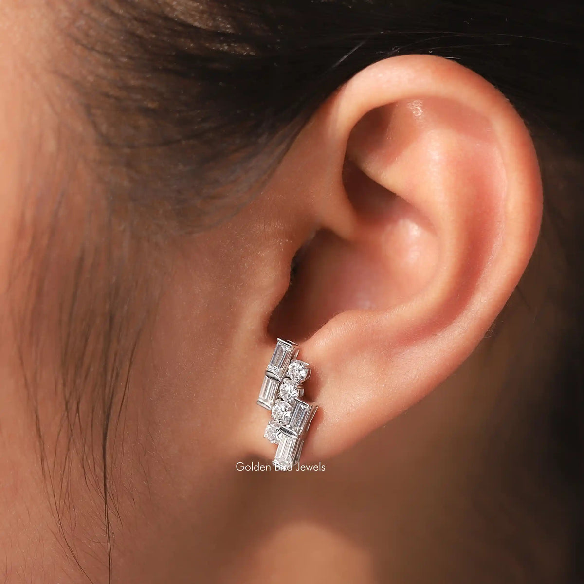 View of Colorless Round Cut Moissanite Earrings