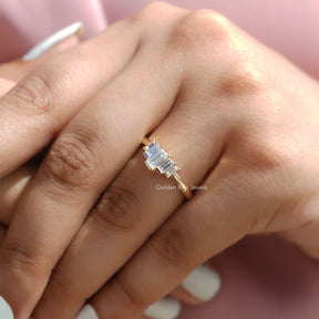 [In Finger a Moissanite Stone Wedding Ring Made Of Five Baguette Cut Stone]-[Golden Bird Jewels]