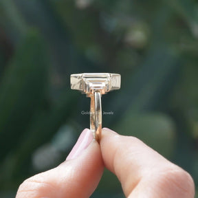 [Side view of baguette cut moissanite engagement ring]-[Golden Bird Jewels]