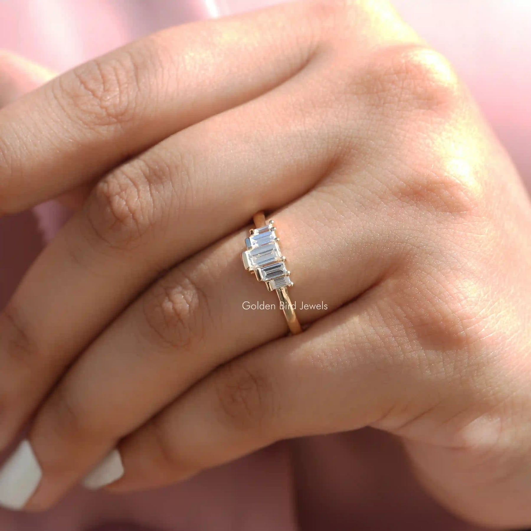 [In Finger a Baguette Cut Moissanite Five Stone Wedding Ring]-[Golden Bird Jewels]