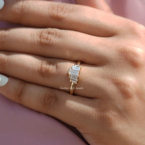 [In Finger a Baguette Cut Moissanite Wedding Ring In Bezel Setting]-[Golden Bird Jewels]
