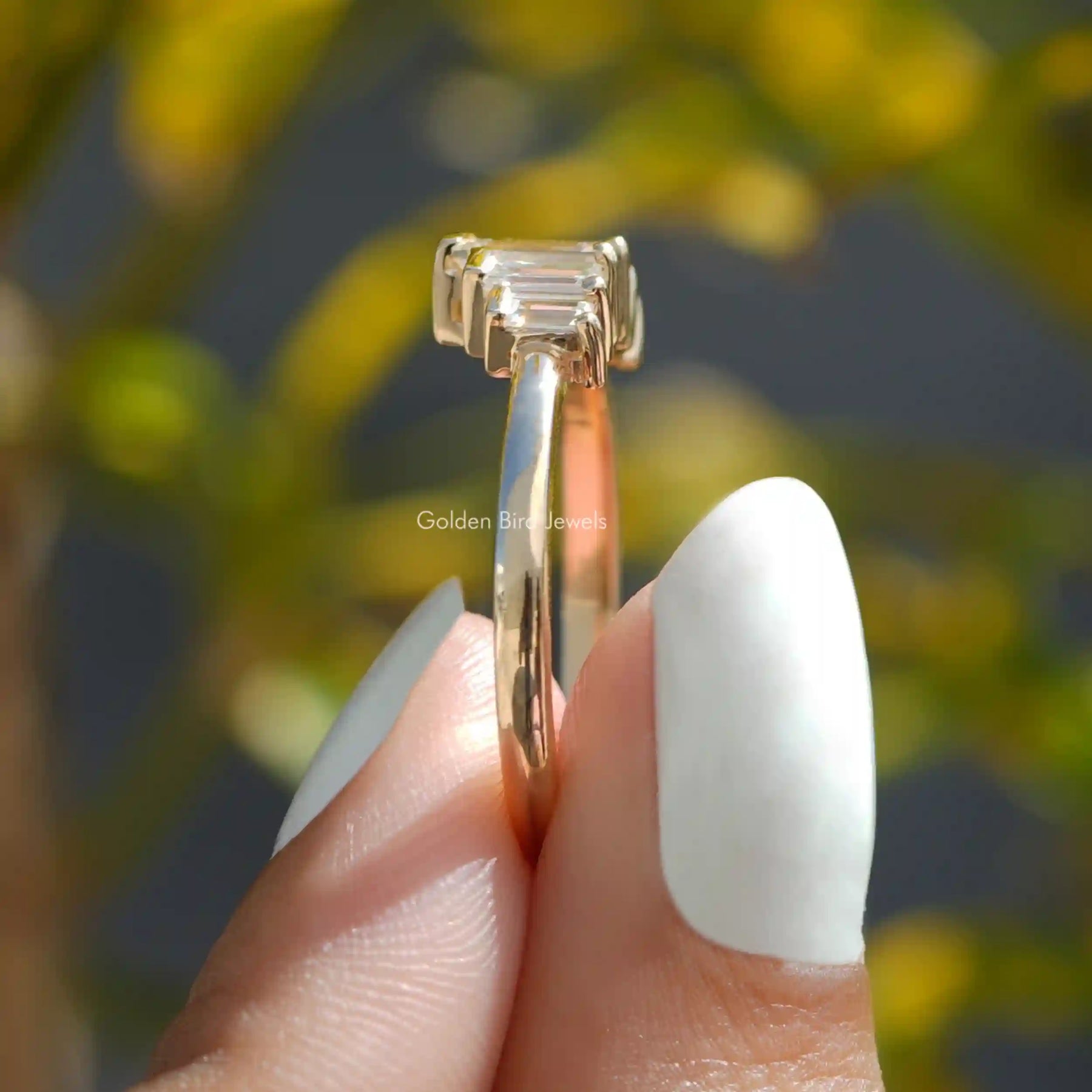 [In Finger a Solid Gold Moissanite Wedding Ring]-[Golden Bird Jewels]