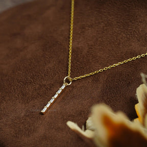 [Bezel set baguette cut moissanite necklace in 14k yellow gold]-[Golden Bird Jewels]