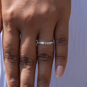 Close-Up View of Lab Diamond Baguette Cut Wedding Band In 14k White Gold 