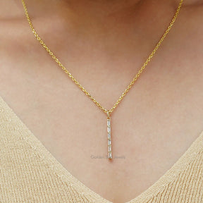 [In neck front view of baguette cut moissanite vertical pendant]-[Golden Bird Jewels]