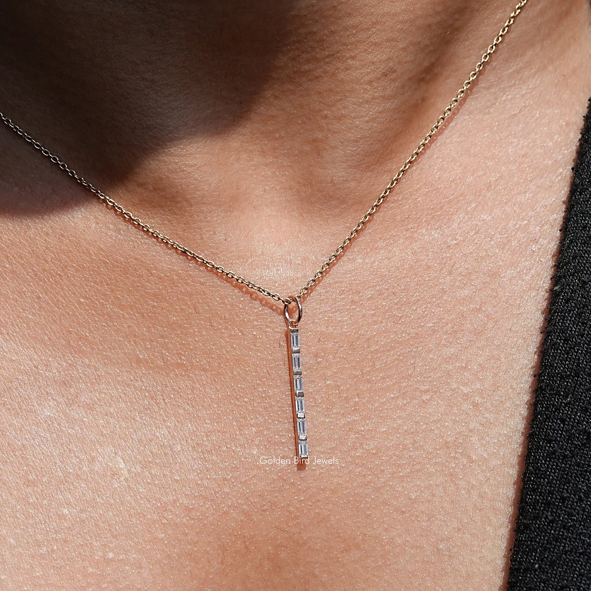 View of Baguette cut moissanite solitaire pendant 