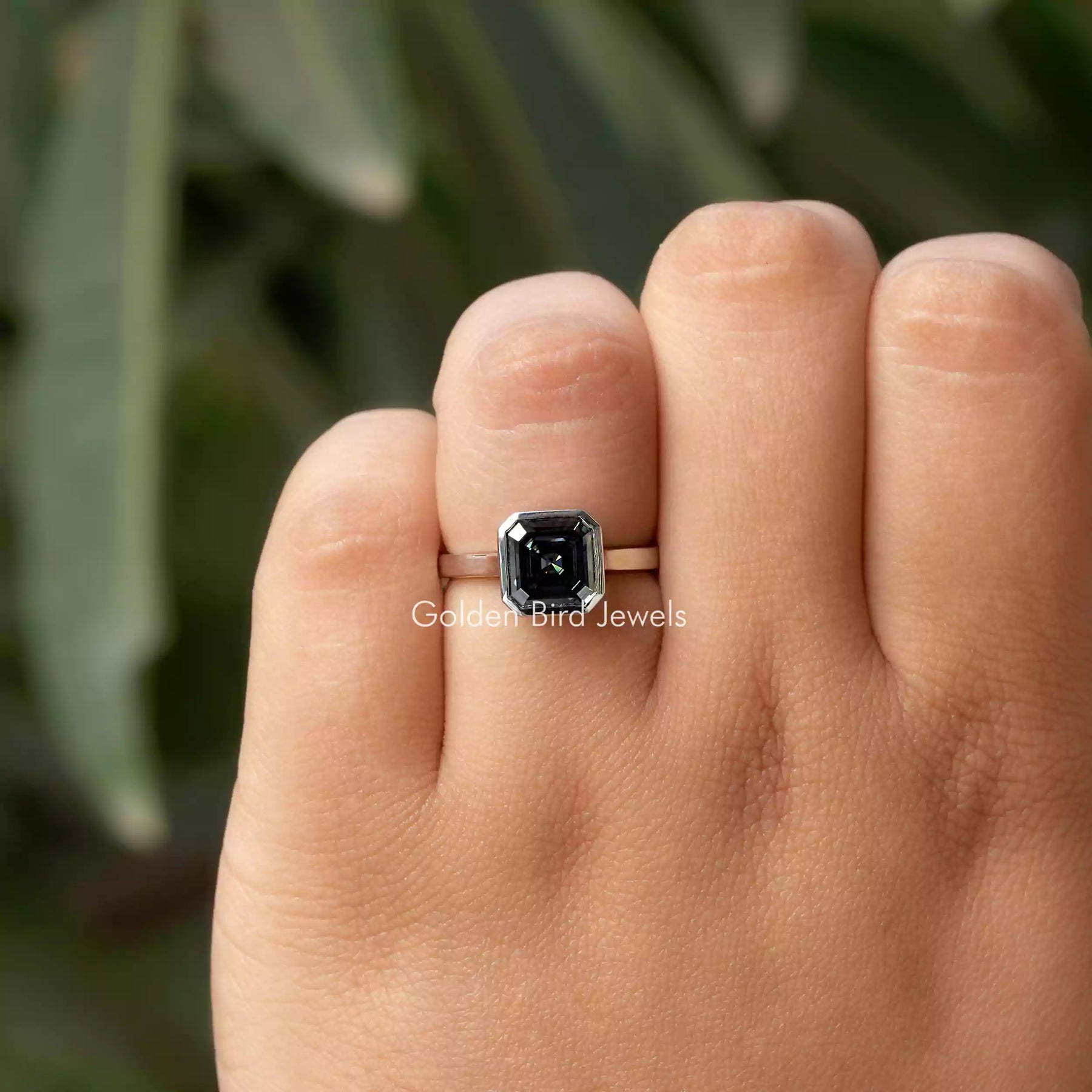 [This asscher cut engagement ring made of dark grey moissanite]-[Golden Bird Jewels]