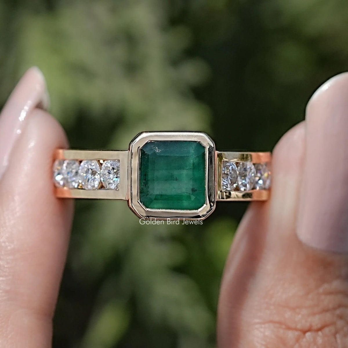 Bezel-set Asscher-cut green gemstone ring with white round moissanite accents