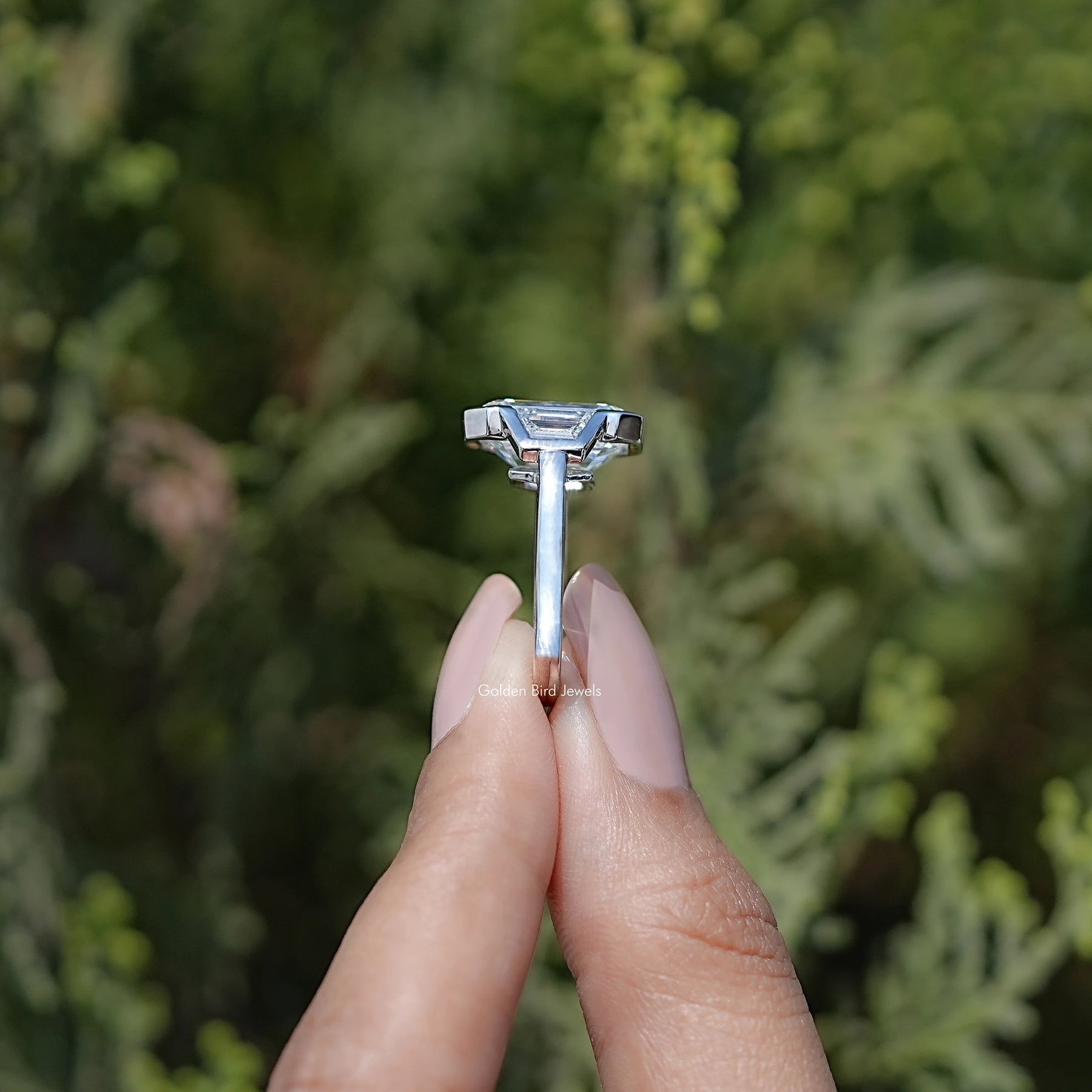 Bezel Set Emerald Cut Lab Diamond Three Stone Ring