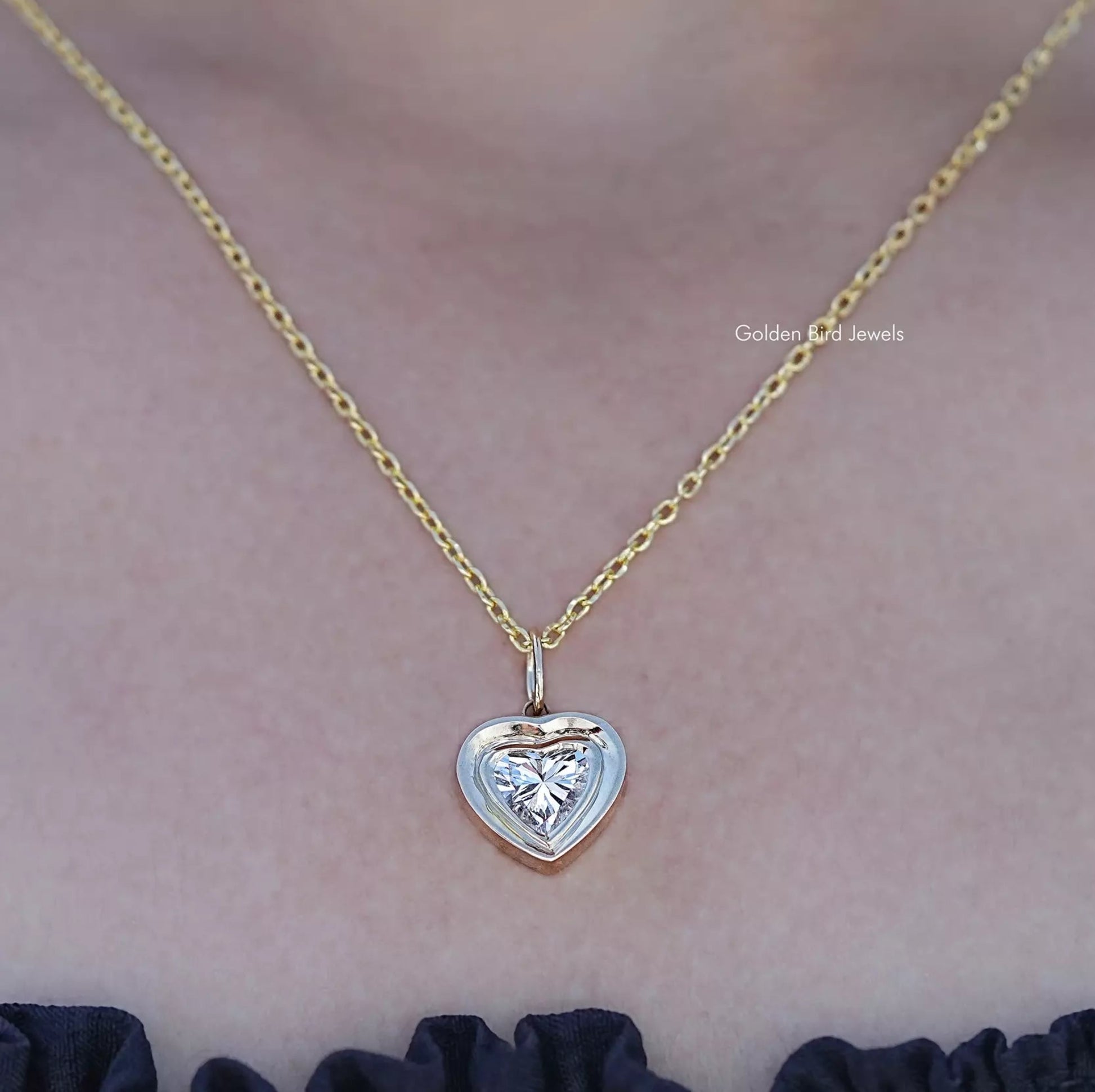 Close up view of Bezel Set Heart Shaped Lab Diamond Solitaire Pendant