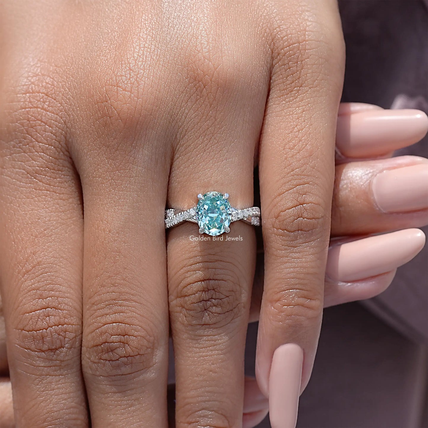 Blue Oval Moissanite Gemstone Accent Wedding Ring