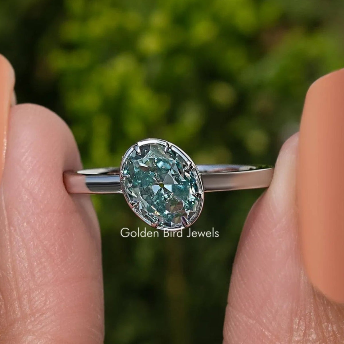 Blue Old Mine Oval Moissanite Solitaire Ring