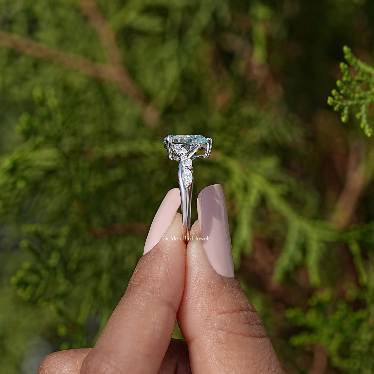Blue Pear Moissanite Floral Anniversary Ring