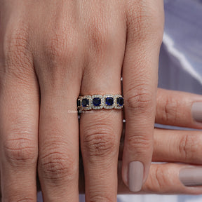 Blue Asscher Gemstone Halo Five Stone Band