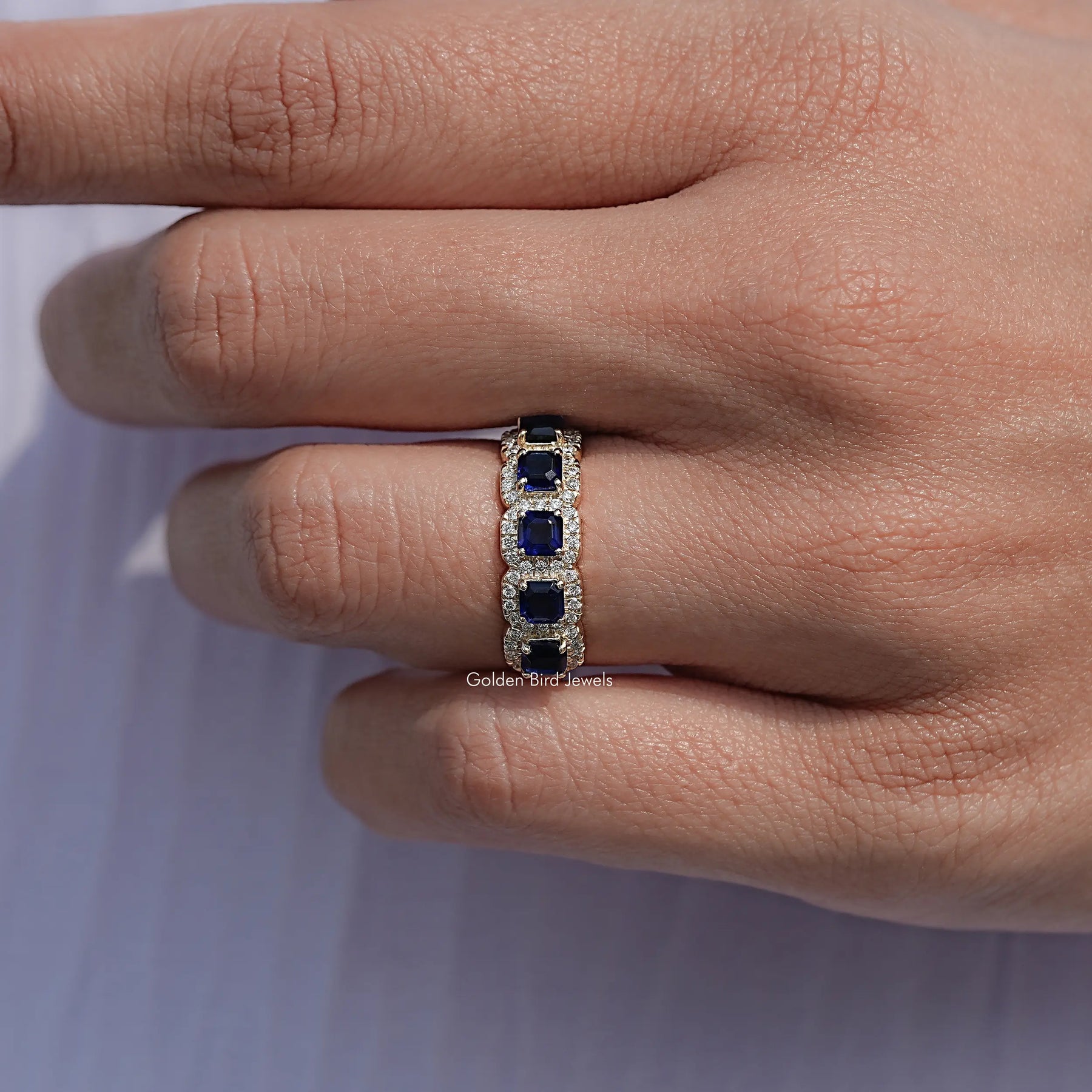 Blue Asscher Gemstone Halo Five Stone Band