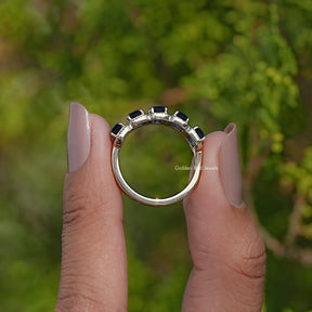 Blue Asscher Gemstone Halo Five Stone Band