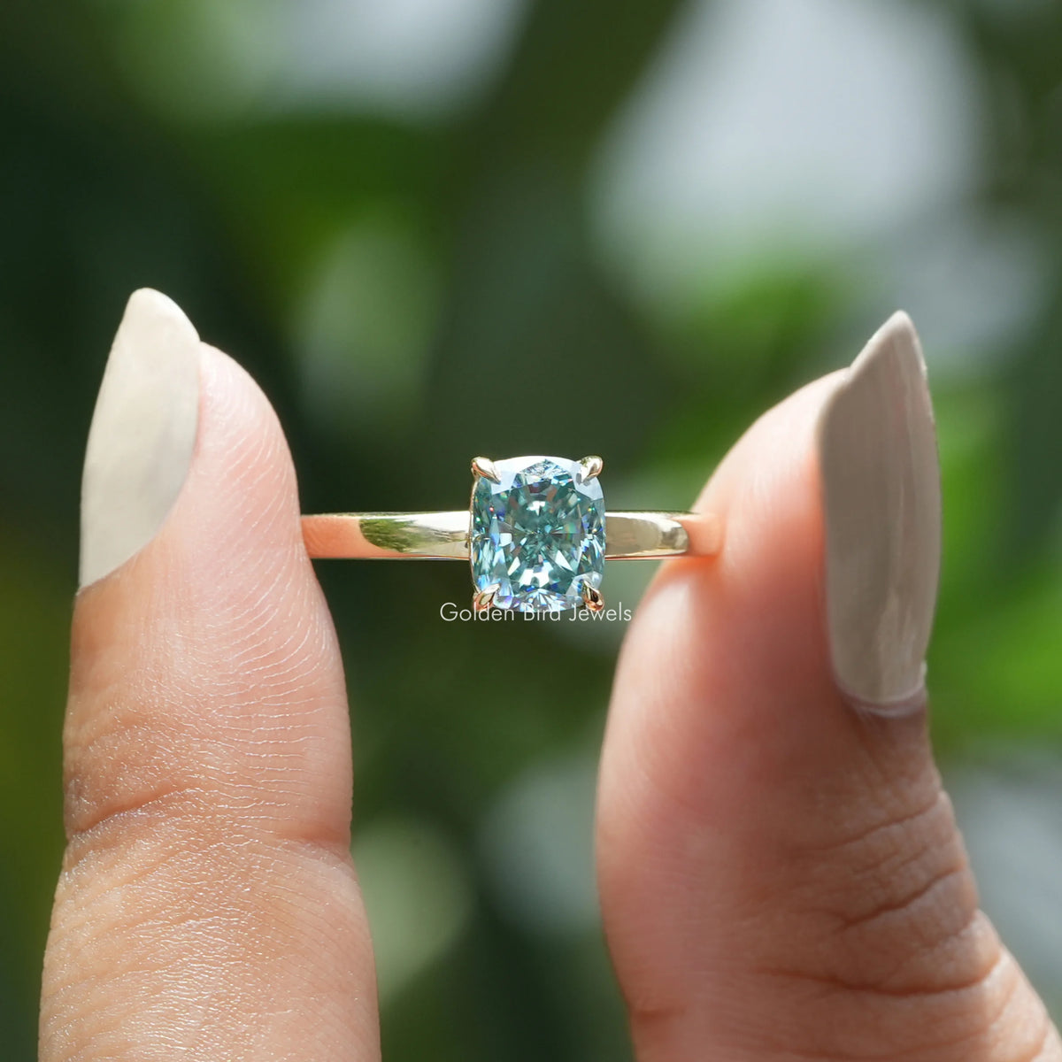 Blue Elongated Cushion Moissanite Engagement Ring