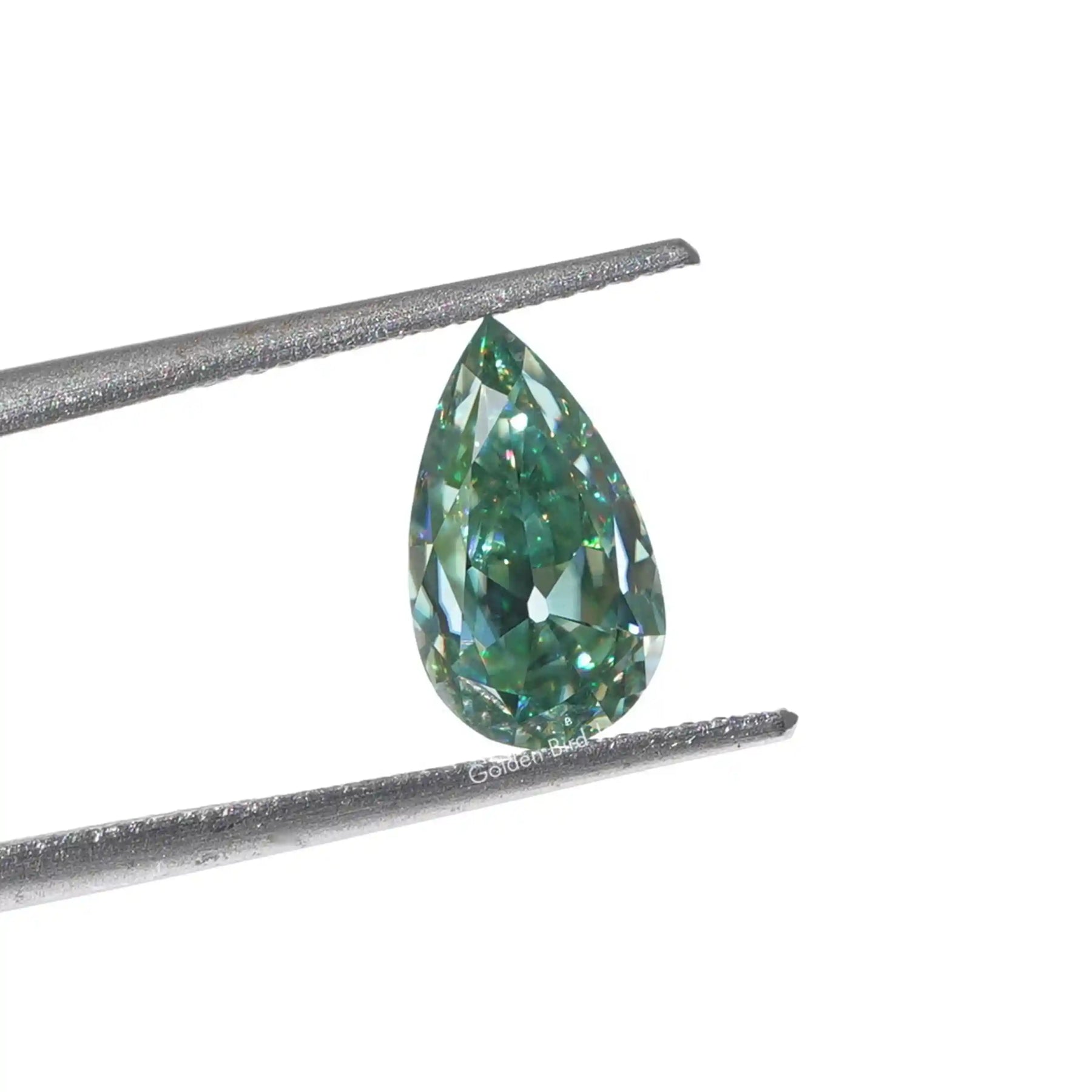 [Front view of blue green pear cut loose moissanite stone made of vs clarity]-[Golden Bird Jewels]
