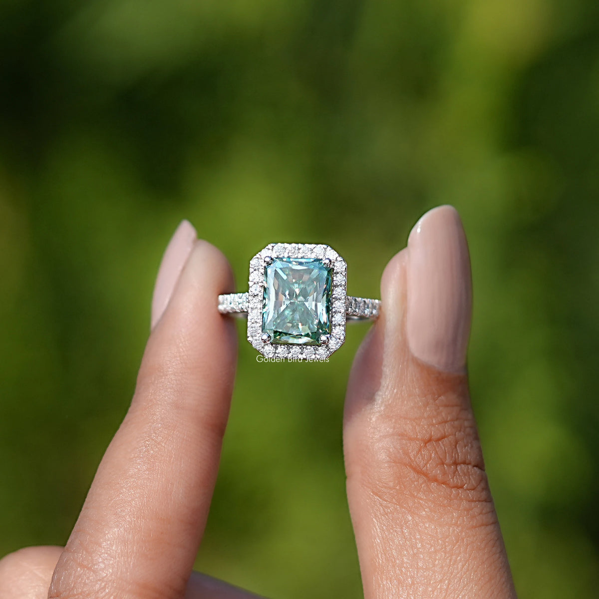 Blue Green Radiant Cut Moissanite Halo Accent Ring