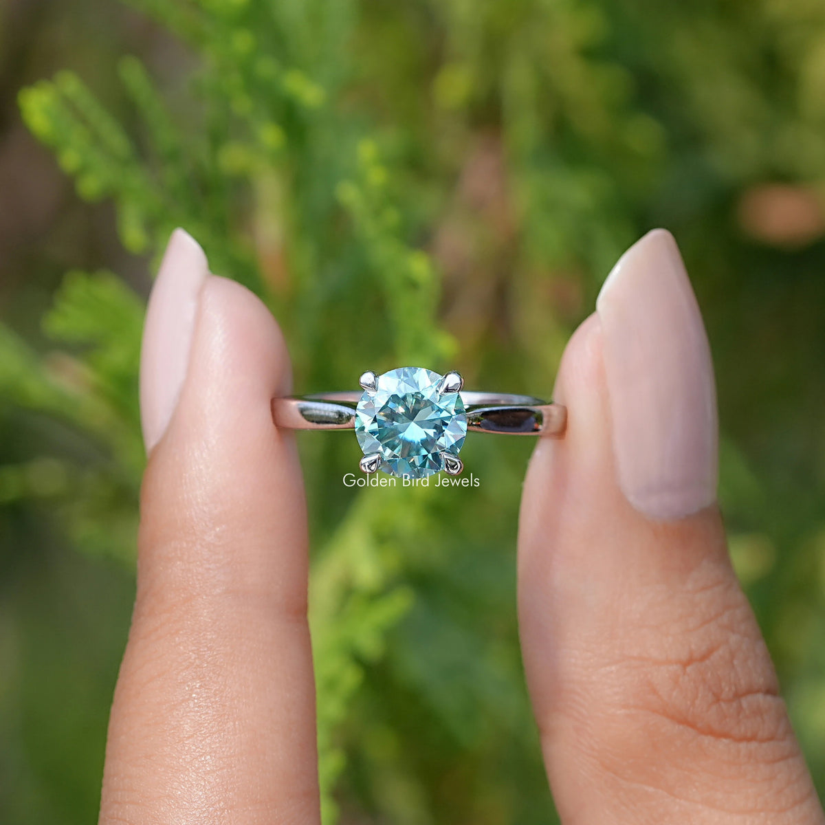 View Of Blue Green Round moissanite Solitaire Ring