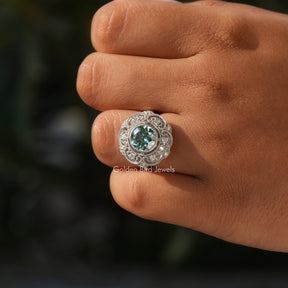 [This ring made of blue color old european round cut moissanite]-[Golden Bird Jewels]