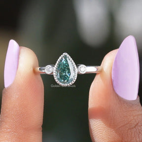 [Blue Green Pear Cut Three Stone Ring]-[Golden Bird Jewels]