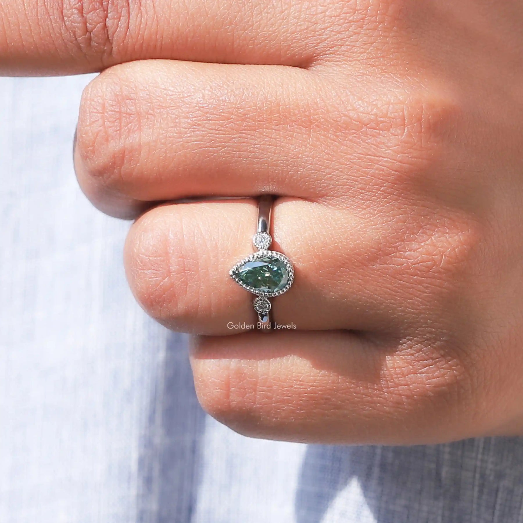 [Pear And Round Cut Moissanite Ring In 14K White Gold]-[Golden Bird Jewels]