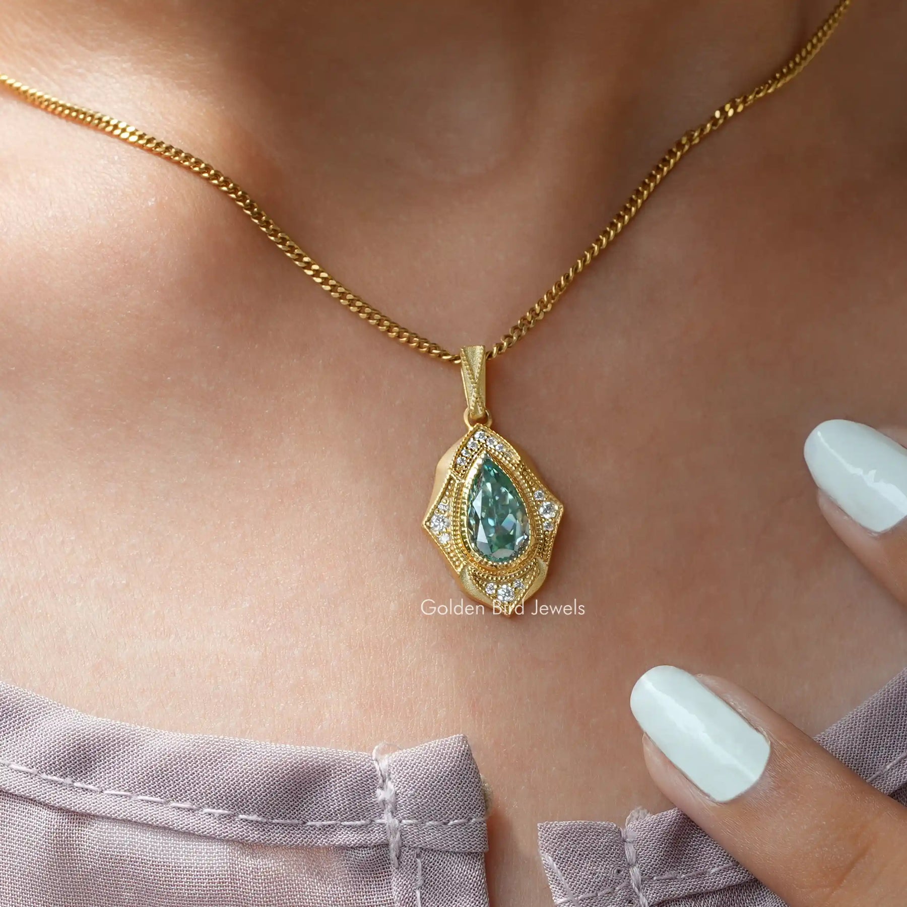 [This moissanite pendant made of yellow gold and round cut side stones]-[Golden Bird Jewels]