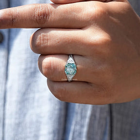 View of Blue Radiant Cut Moissanite Engagement Ring In finger