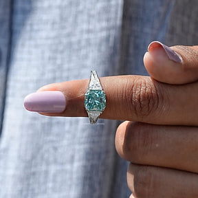In finger front View of Blue Radiant Cut Moissanite Ring