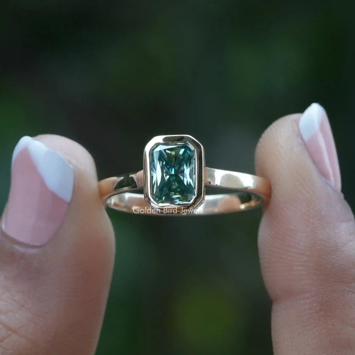 [Blue Radiant Cut Moissanite Bezel Set Engagement Ring]-[Golden Bird Jewels]