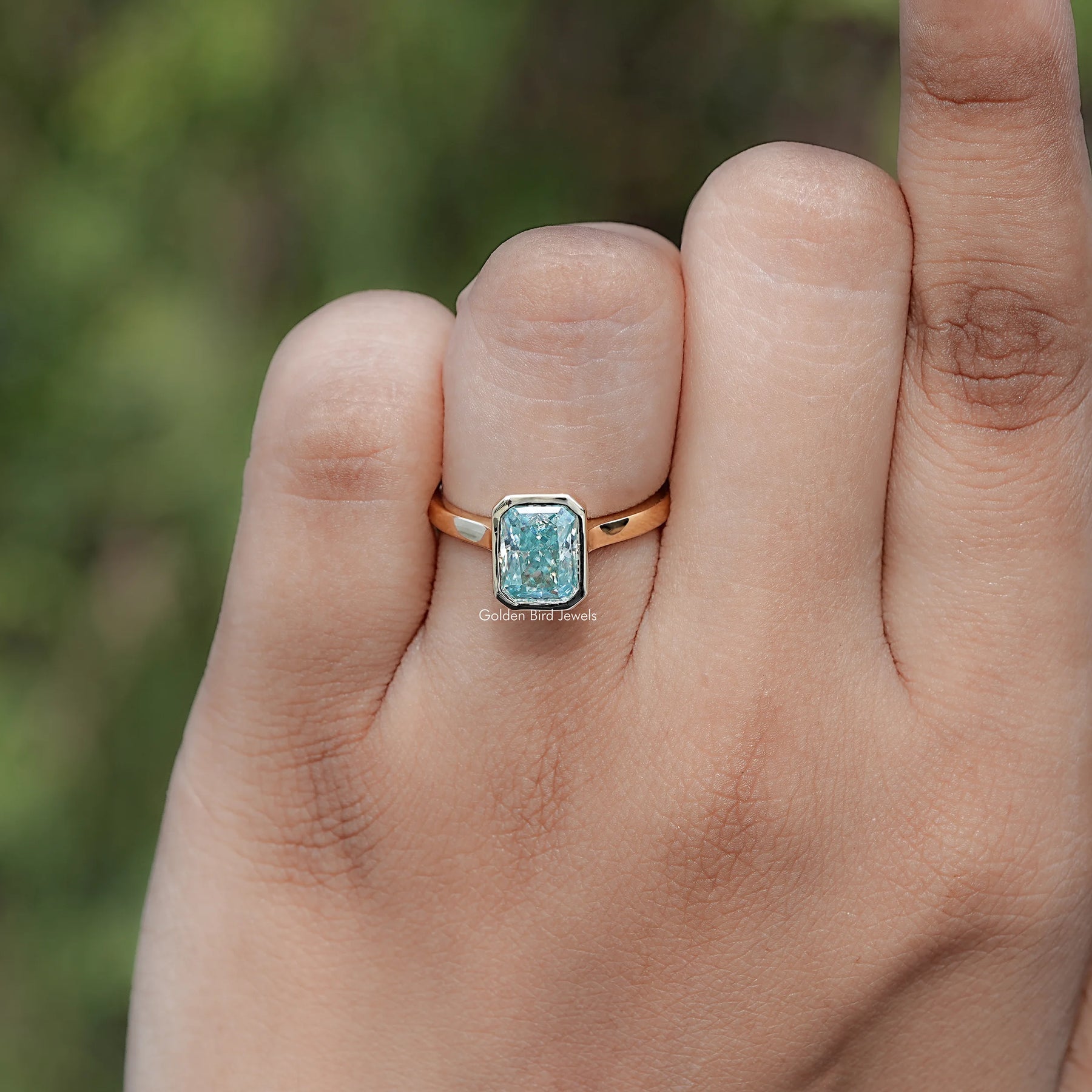 Blue Radiant Moissanite Bezel Set Solitaire Ring