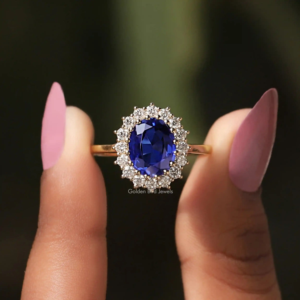 Blue Sapphire Oval Cut Halo Ring