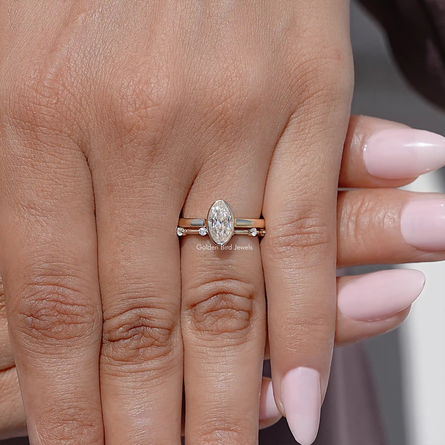 Old Mine Moval Cut Moissanite Solitaire Bridal Ring Set