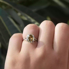 [in finger front view of old mine oval engagement ring]-[Golden Bird Jewels]