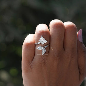 Close-Up View of Moissanite Butterfly Cut Bypass Ring In White Gold