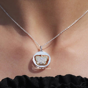 View of colorless butterfly cut moissanite pendant 