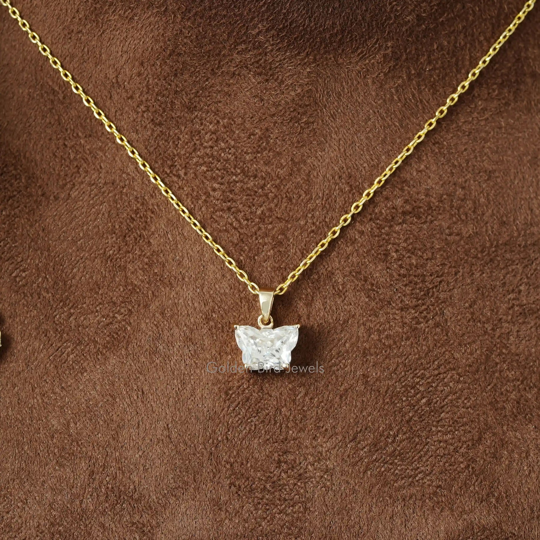 [Front view of moissanite butterfly cut pendant made of 14k yellow gold]-[Golden Bird Jewels]