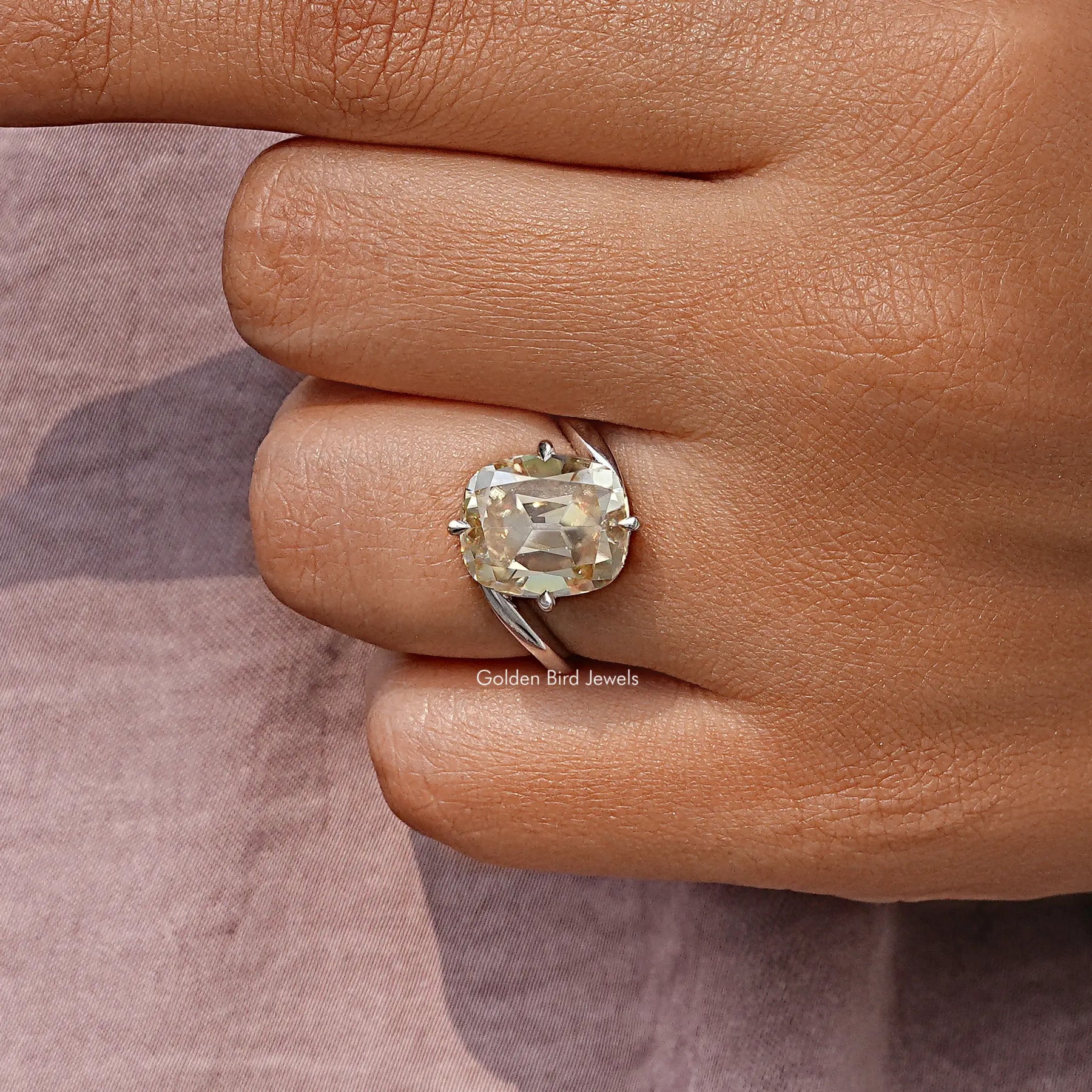 Bypass Shank Old Mine Yellow Cushion Moissanite Solitaire Ring