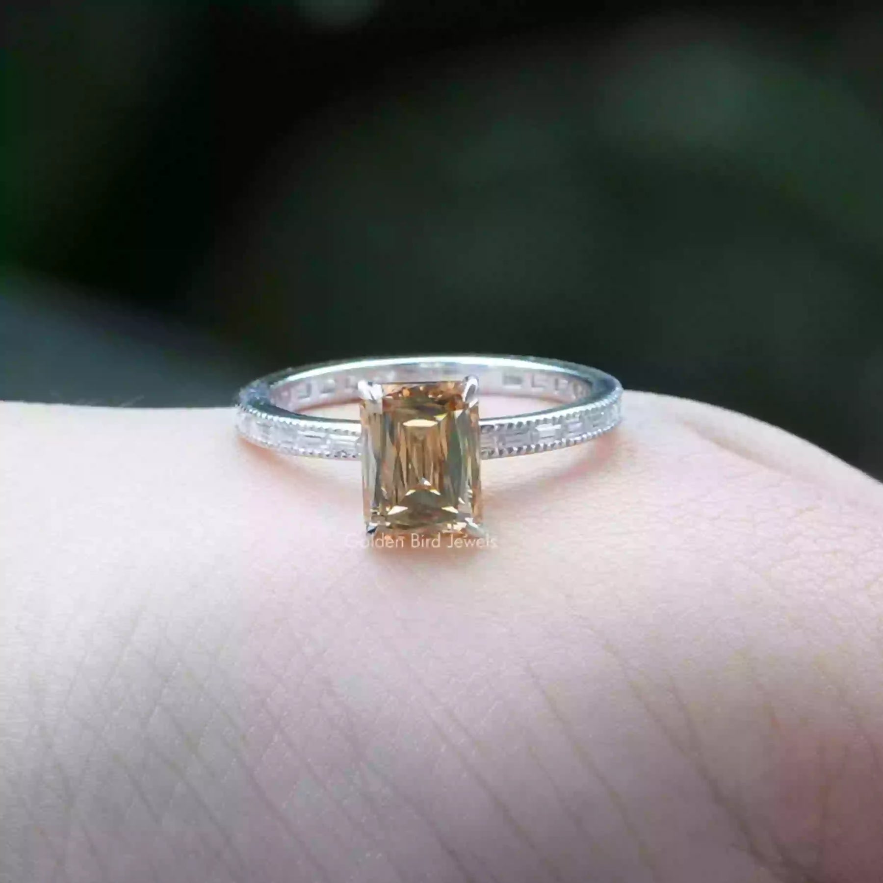 [Champagne Criss And Baguette Cut Accent Stone Ring]-[Golden Bird Jewels]