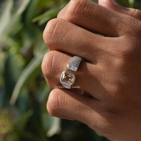 [In finger front view of champagne criss cut moissanite open cuff ring]-[Golden Bird Jewels]