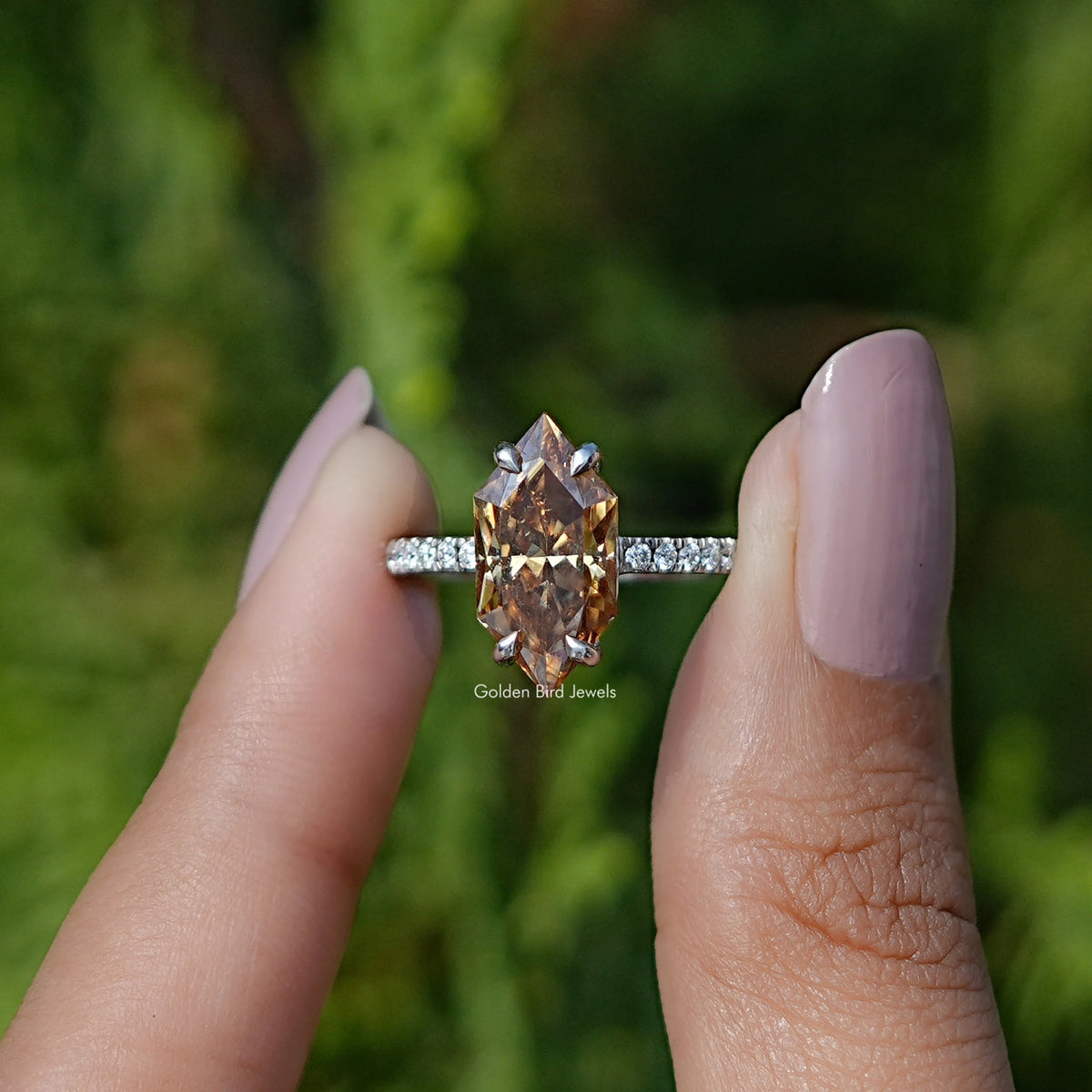 View of marquise cut moissanite  accent ring 