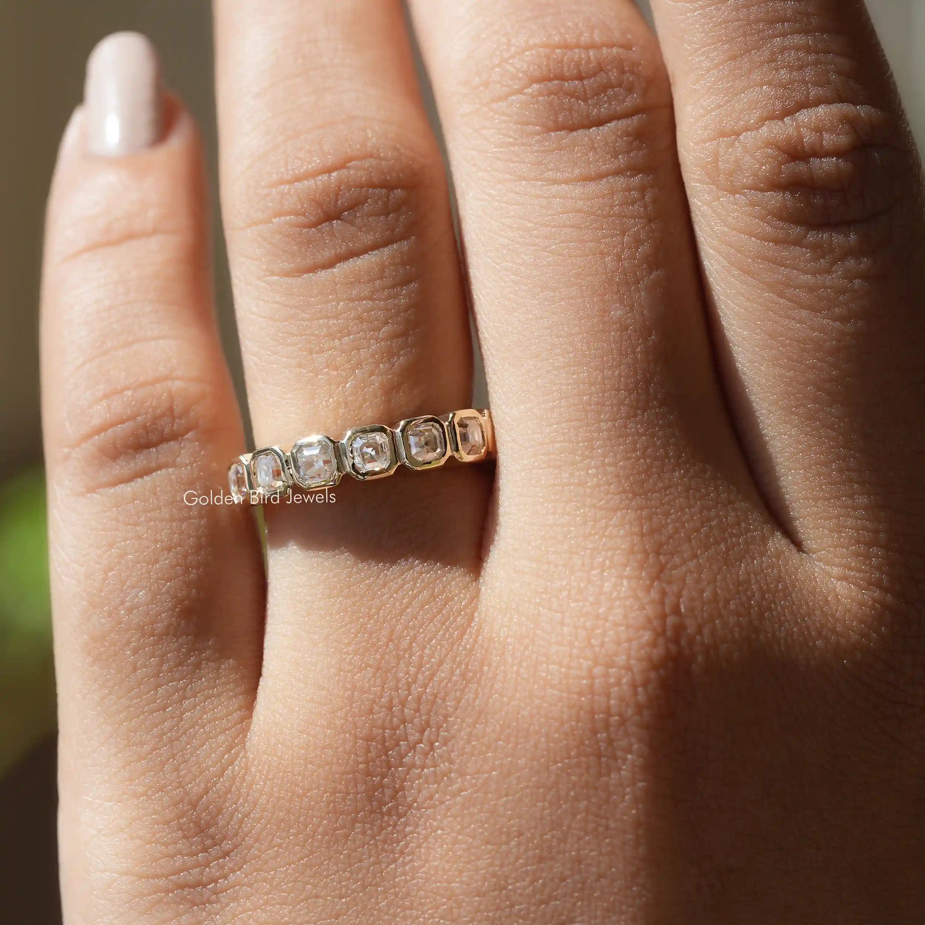 Asscher Cut Bezel Set Wedding Band Golden Bird Jewels
