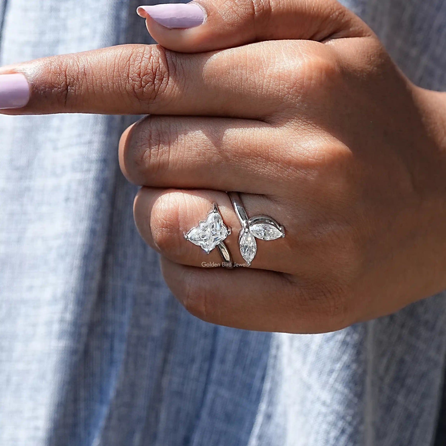 Butterfly Cut Moissanite Bypass Ring In White Gold