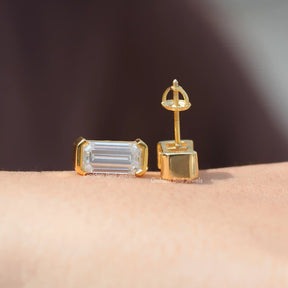 [This emerald cut earrings made of half bezel setting in 14k yellow gold]-[Golden Bird Jewels]