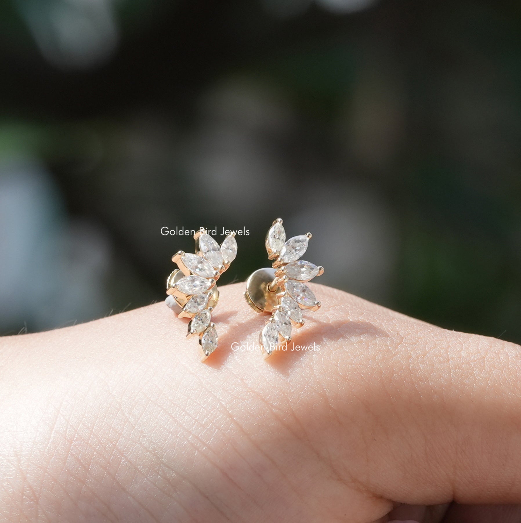 [Front view of marquise cut moissanite stud earrings]-[Golden Bird Jewels]