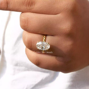 [In finger front view of moissanite solitaire engagement ring]-[Golden Bird Jewels]